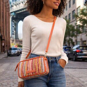 Vera Bradley Boho Tribal Stripe Crossbody Bag Orange Pink Lightweight Organizer